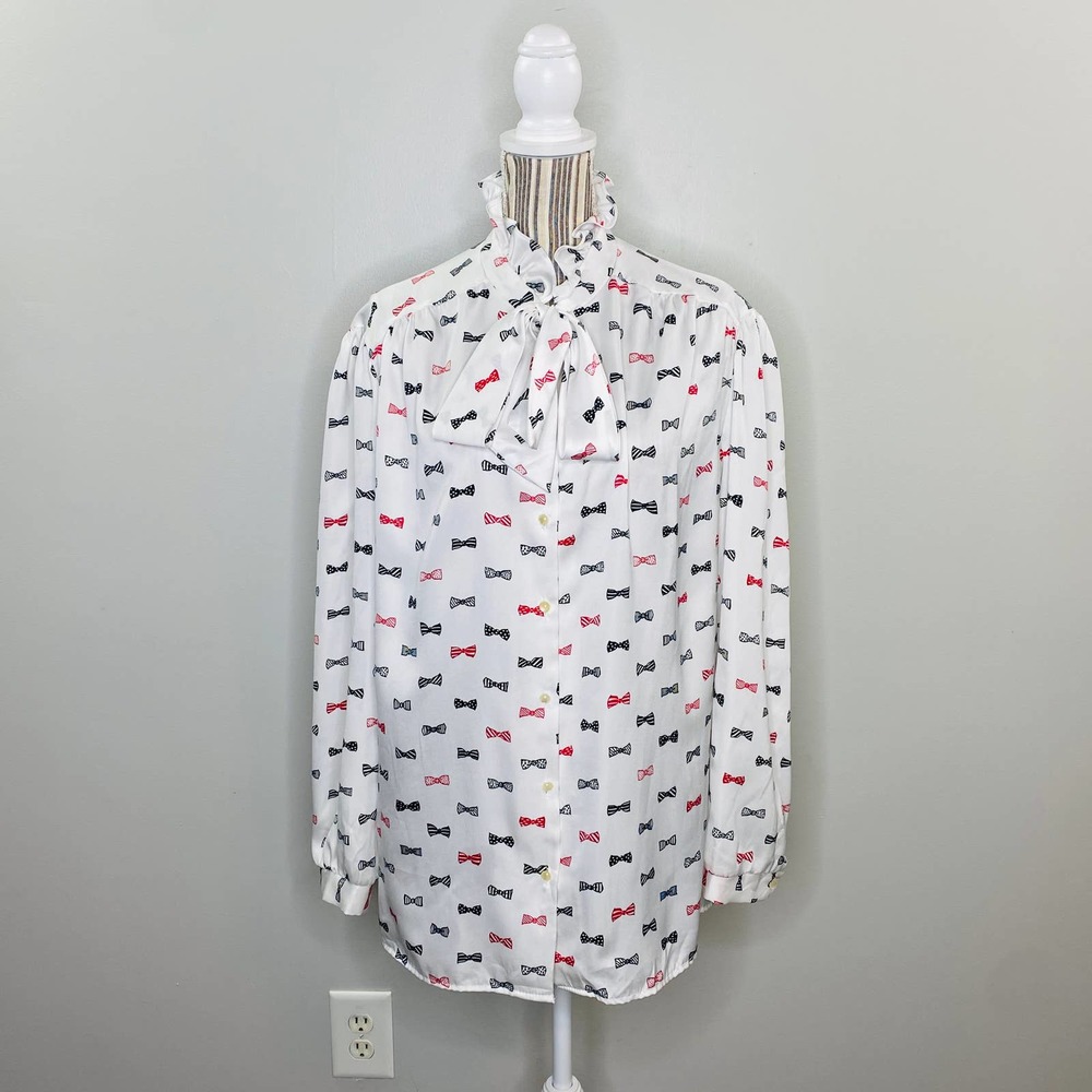 Vintage 80s Blvd East Bow Print Blouse Necktie Button Down Top Women XXL Femme